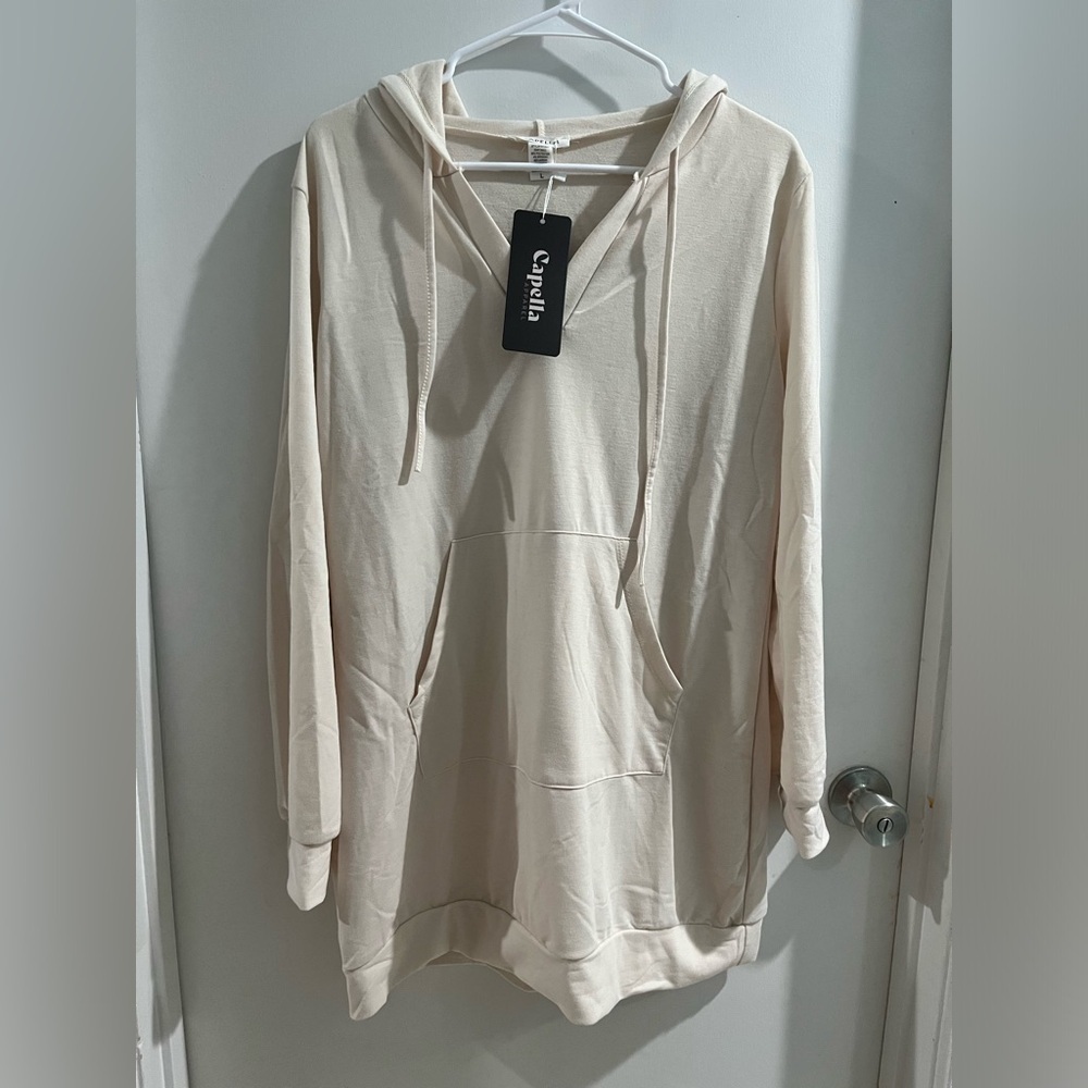 Capella French Terry Hoodie Mini Dress, cream colored, size large, new!